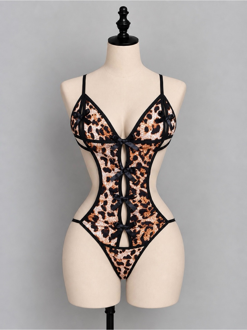 Leopard Cutout Teddy Bodysuit with Black Trim